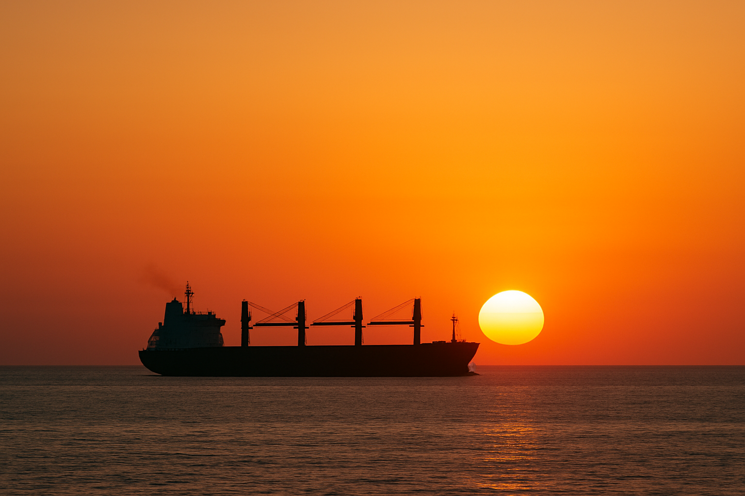 Cargo ship silhouetted against dramatic sunset over calm waters