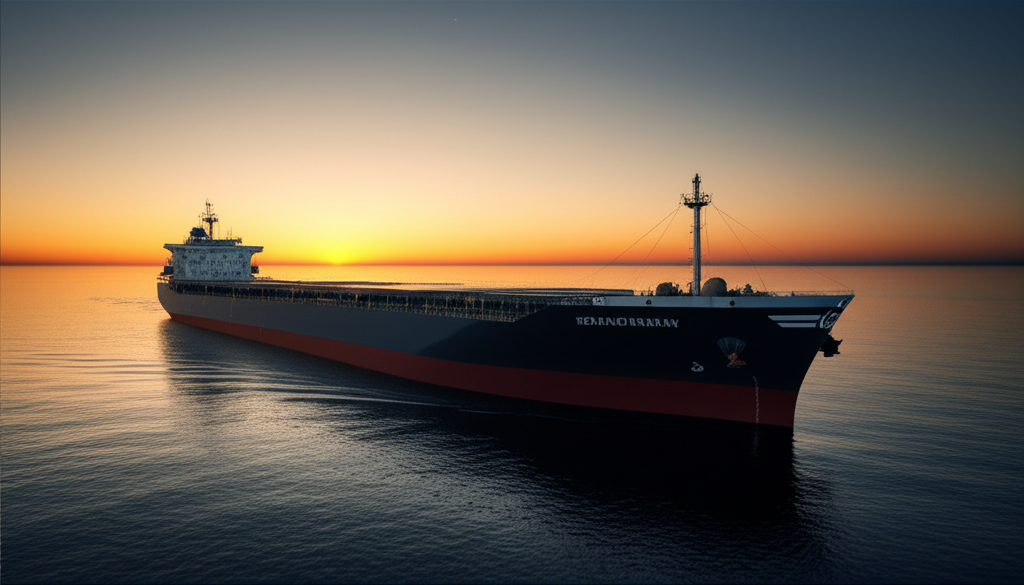Large cargo ship sailing through dark, calm ocean at sunset